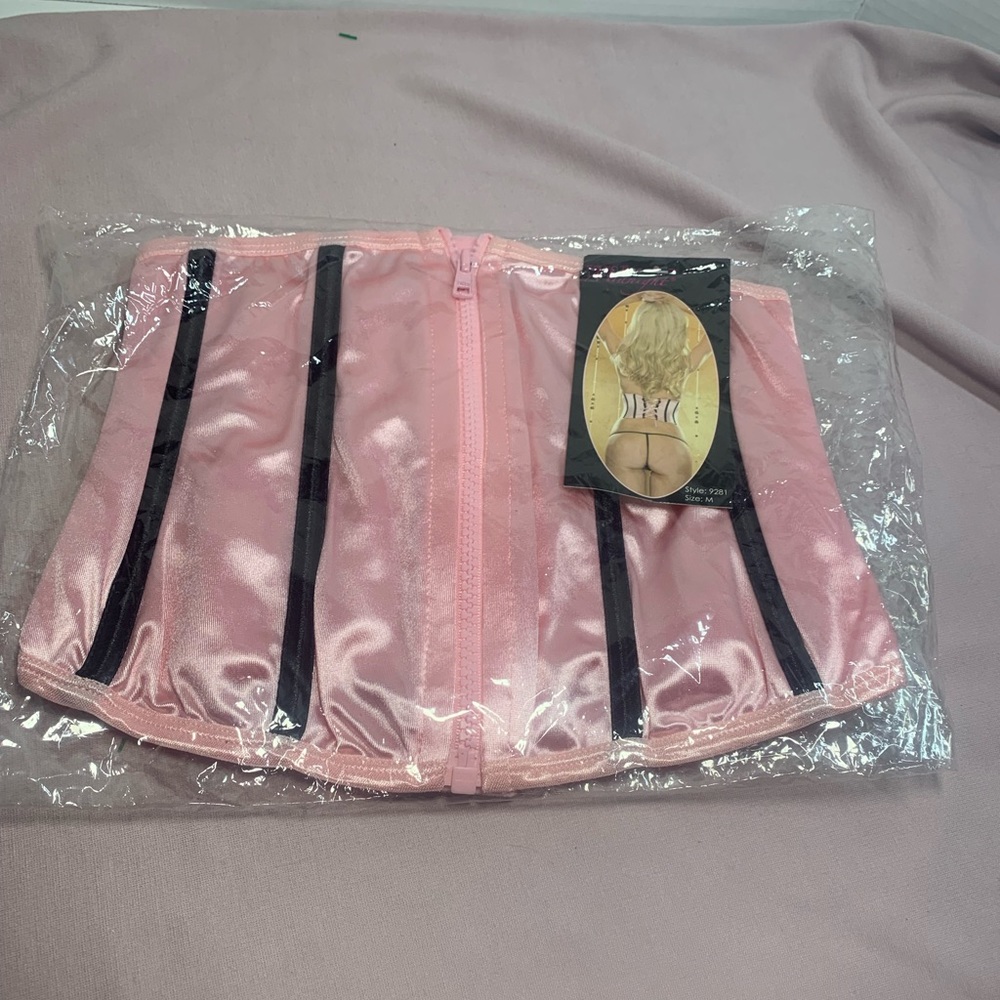 Women Pink  Satin Underbust Corset 7 Til Midnight Zip up Lace up Waist Cincher M